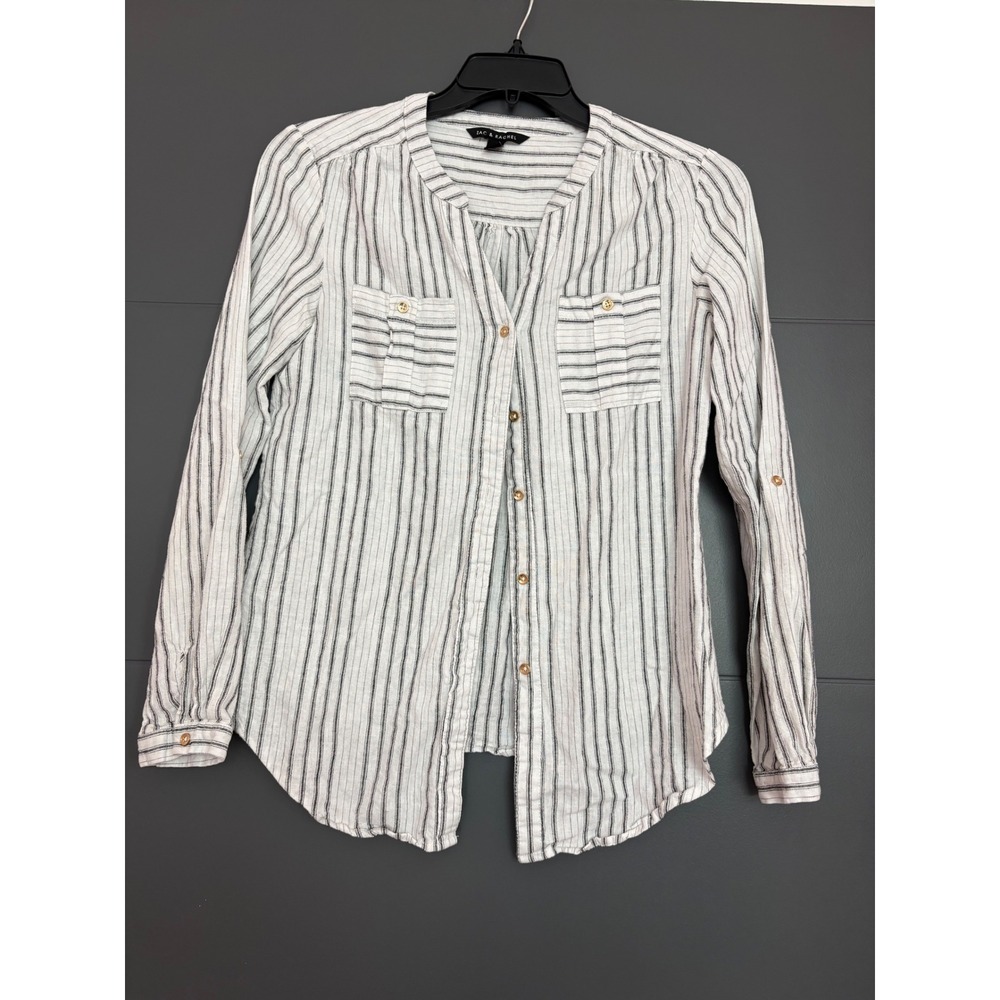 Zac & Rachel Womens Linen‎ Blend Striped Button Down Blouse White Black Small